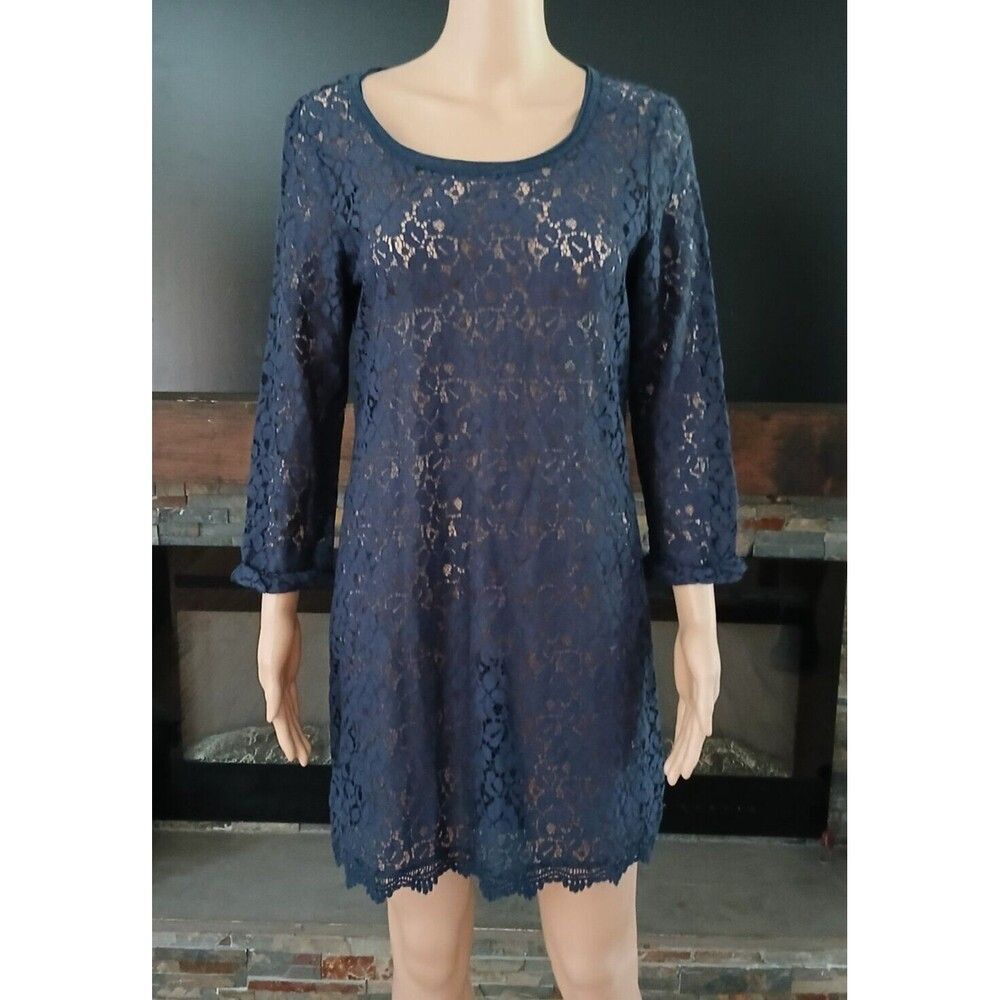 NWT H&M All Lace Front Long Sleeve Dress Blue Cotton Blend Women's Size 10
